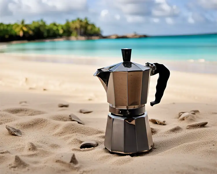 Una caffettiera moka su di una spiaggia caraibica