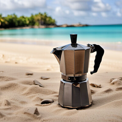Una caffettiera moka su di una spiaggia caraibica